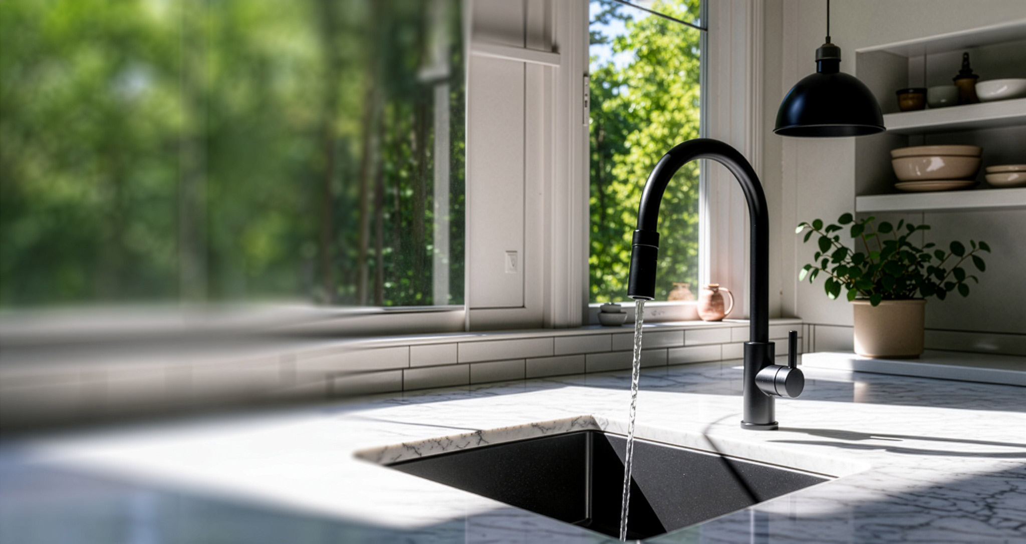 Modern kitchen sink with running water
